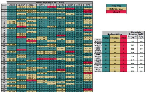 Using optimized protocol with multiplexed PCR products, genotyping of 48 samples was carried out in duplicate for all 9 SNP assays on 2 panels.